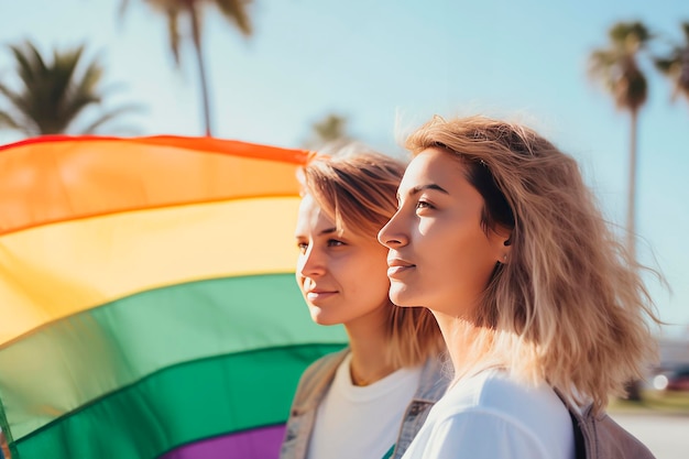 2人のレズビアン女の子がLGBTの旗を掲げて 青い空に笑顔を浮かべています