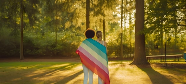 Two lesbian girls wrapped in rainbow flag Concept of LGBT pride AI generated