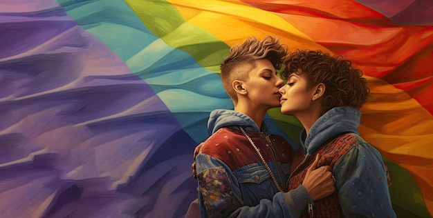 Two lesbian women hugging with the lgbt rainbow flag on background Pride with diversity and inclusion