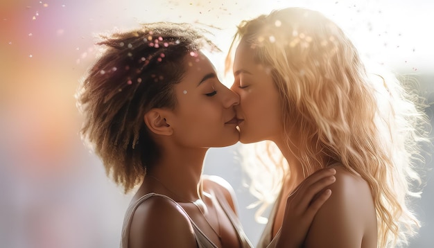 Two lesbians kissing valentine's day concept