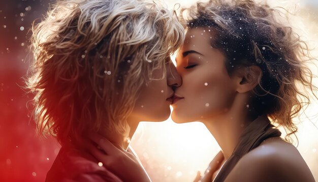 Photo two lesbians kissing valentines day concept