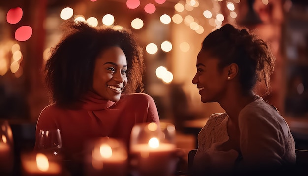 Two lesbians sitting in restaurant valentine's day concept