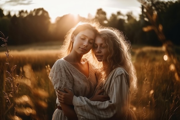 Two lgbt lesbian girls in love hug in field in summer sunset Generative AI