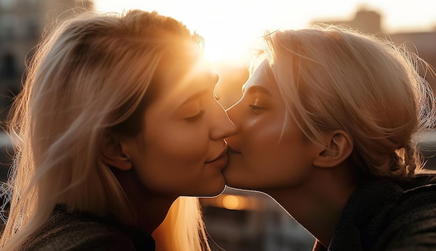 Two lgbt lesbian girls in love kiss in summer at sunset Generative AI