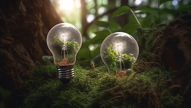 Two light bulbs in a forest with a plant inside