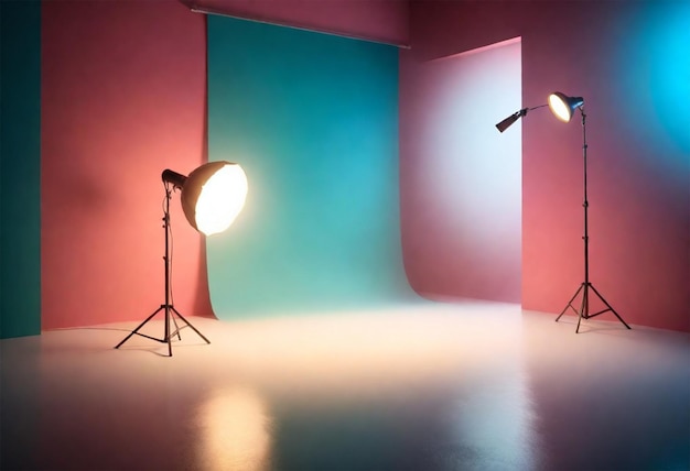 Photo two lights in a room with a pink wall and a blue and green background