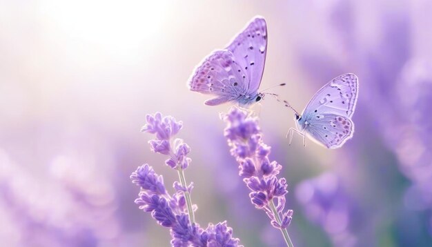 Two lilac butterfly on lavender flowers in rays of summer sunlight in spring outdoors macro