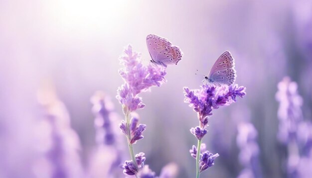 Two lilac butterfly on lavender flowers in rays of summer sunlight in spring outdoors macro