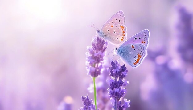 Two lilac butterfly on lavender flowers in rays of summer sunlight in spring outdoors macro