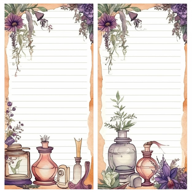 花瓶と植物の絵が描かれた 2 枚の罫線の用紙生成 AI