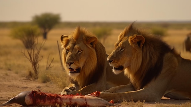 Two lions eating an antelope in the African savannah Generative Ai