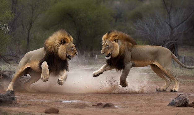 2 頭のライオンが激しい戦いで顎をロックする 生成 AI ツールを使用して作成する