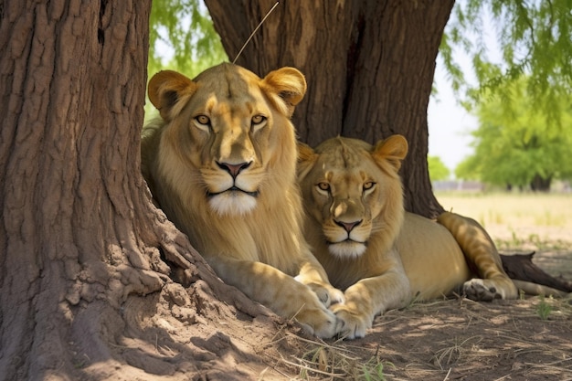 Two lions resting under a shady tree