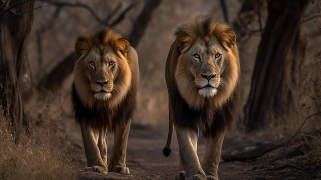 Two lions walking in the jungle