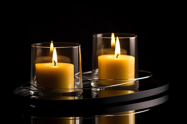 Two lit candles are lit in a glass holder.