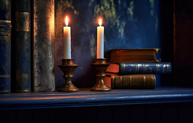 Two lit candles sitting on a shelf in the dark