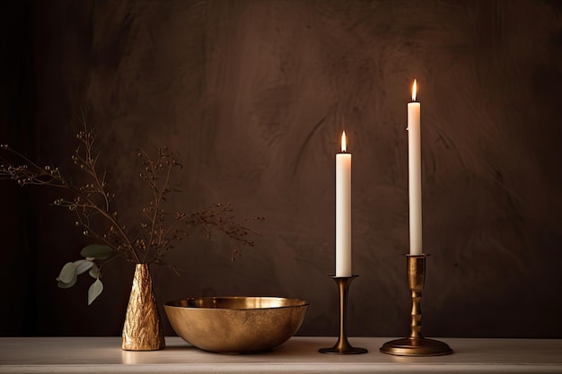 Two lit candles sitting on a table with a bowl