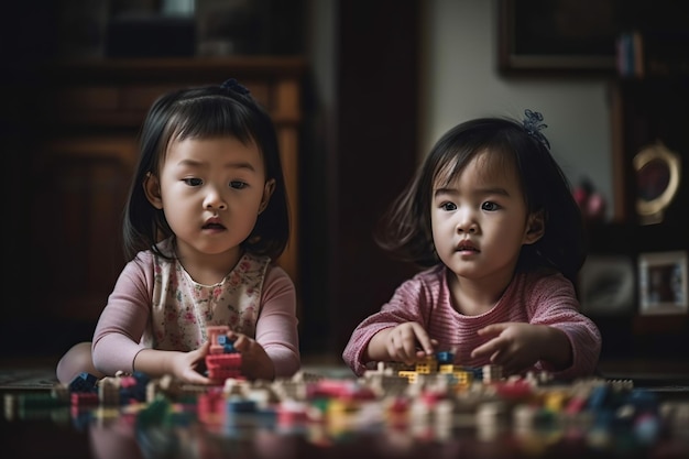큐브 장난감을 가지고 노는 두 명의 작은 아시아 자매 Generative AI 일러스트레이션