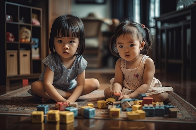 Two little asian sisters playing with cube toys Generative AI illustration