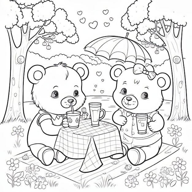 Two little bear in love coloring page illustration