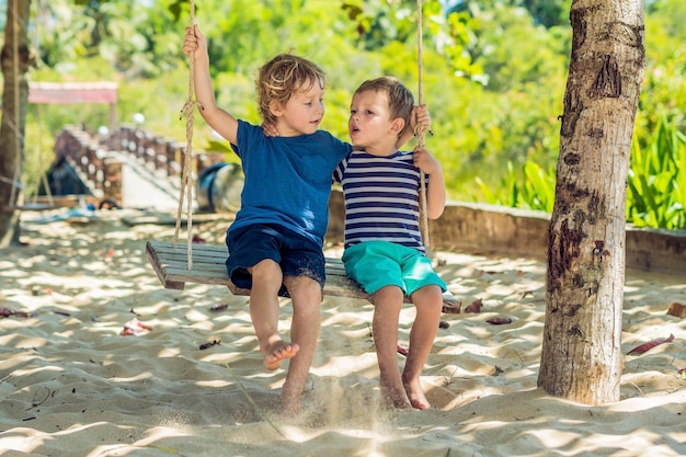 Two little blonde boys having fun on the swing on the tropical sandy coast.