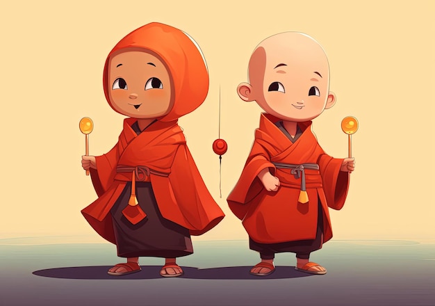 Photo two little cartoon monks holding a robe over their shoulder in the style of meticulous design