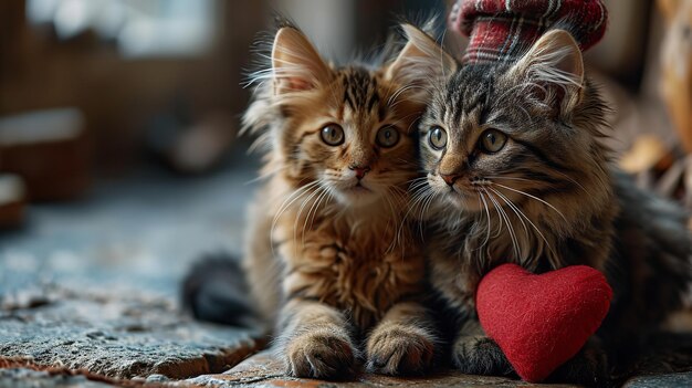 Two little cat with red heart in Valentines Day with copy space Generative AI