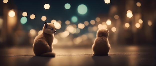 two little cats sit on a sidewalk in front of a blurry street.