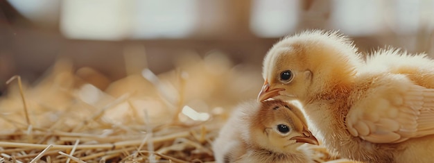 Two little chickens friend on traditional poultry farm Organic farming