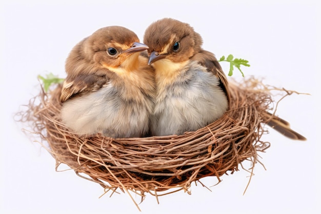 Two little chicks in a nest on a white background isolated