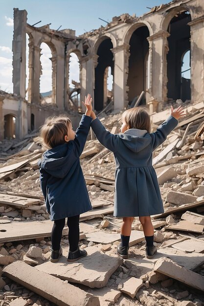 Two little children looking up at the sky and raising their hands standing in the ruins of a destroyed building