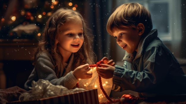 새해 의 날 에 두 어린 아이 가 선물 을 열고 있다