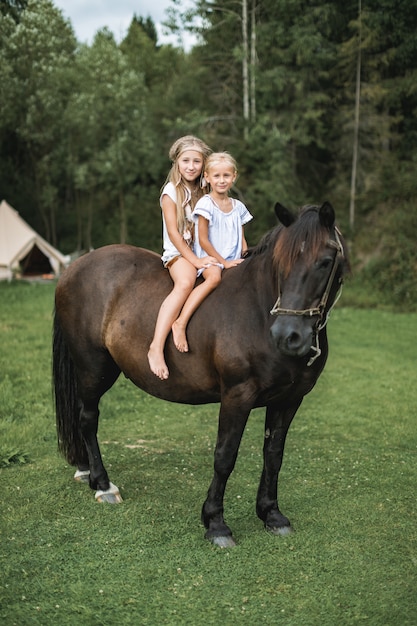 Two little cute sisters girls on horseback riding in the nature