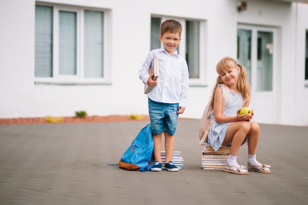 2人の小さな友達が学校に行きます。学童。学校に戻る