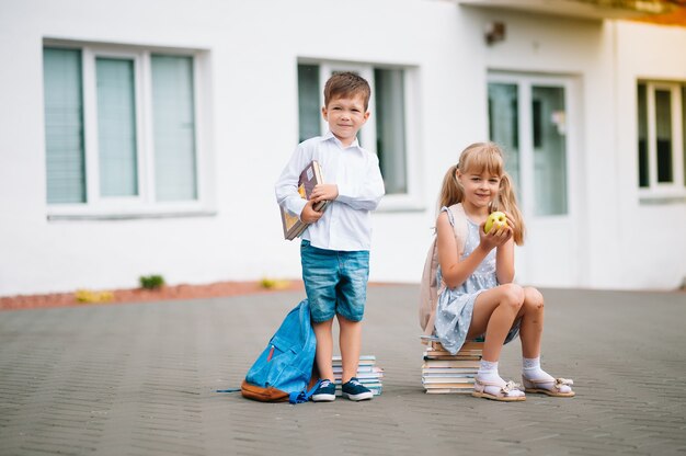 2人の小さな友達が学校に行きます。学童。学校に戻る