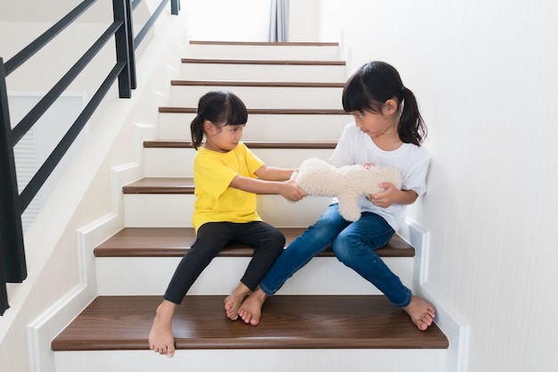 Two little girl fighting over bear