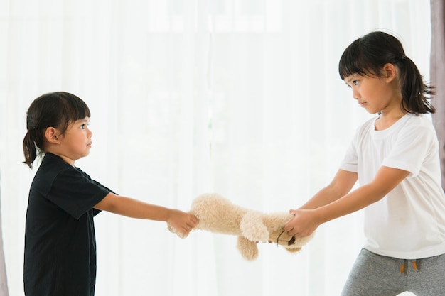 곰을 놓고 싸우는 두 어린 소녀