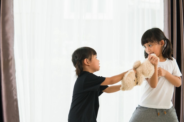 곰을 놓고 싸우는 두 어린 소녀