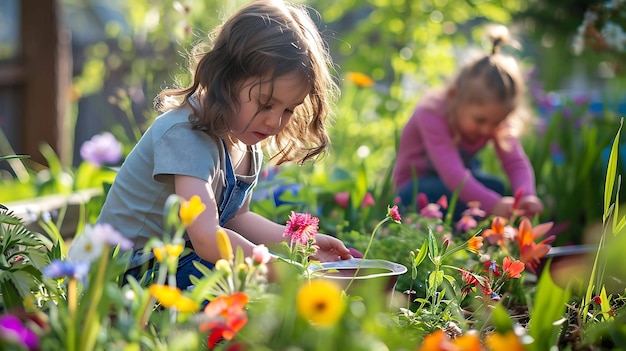 Two little girls are gardening in a flower garden They are both kneeling down and looking at the flowers