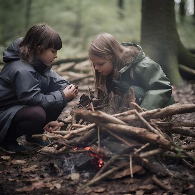 Foto due bambine sono sedute vicino al fuoco nel bosco.