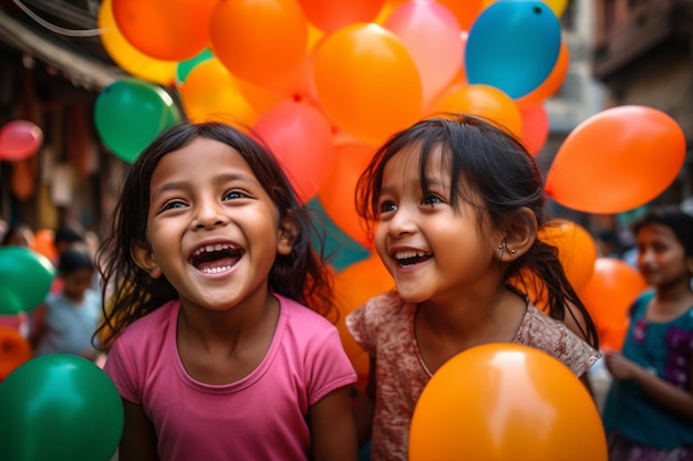 Two little girls are surrounded by balloons and one is wearing a pink shirt.