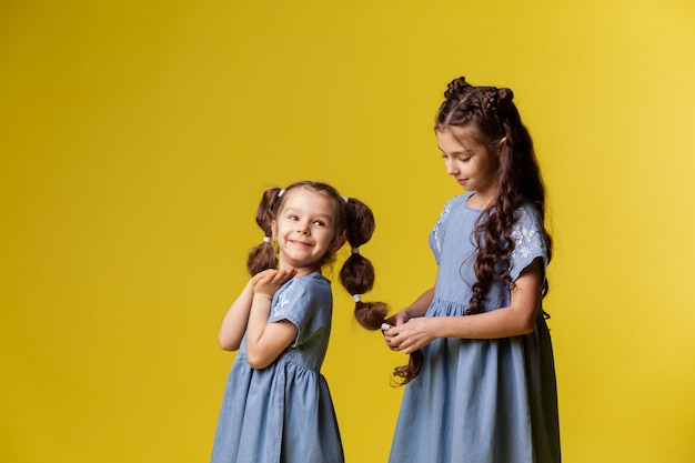 写真 2人の少女がおさげ髪の長い髪を編んでいます。