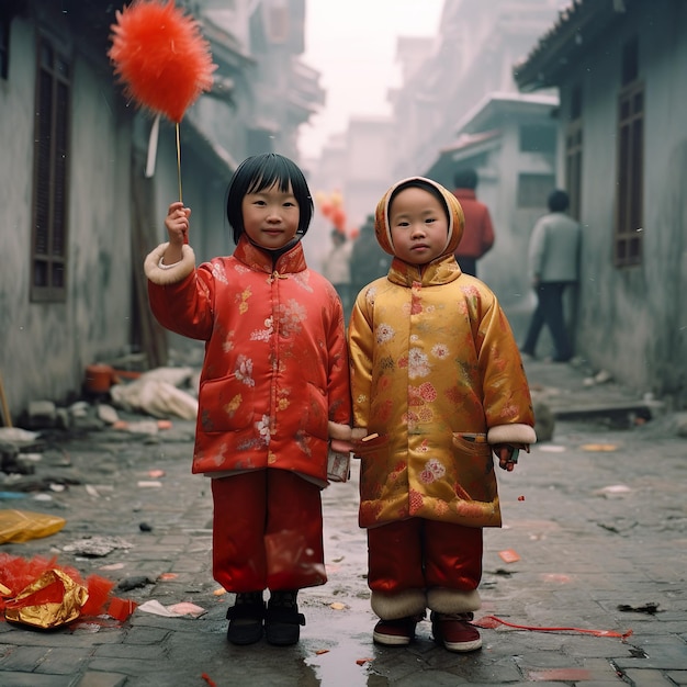 Two little girls in chinese outfits stand in the street and the girl is wearing a red feathered hat