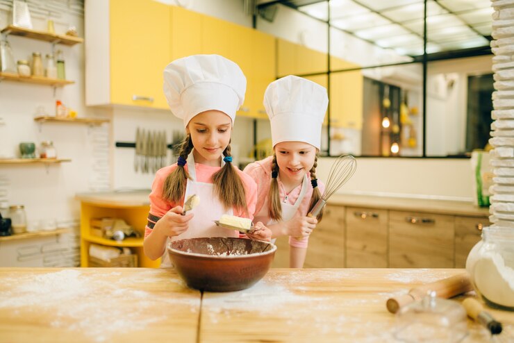 Photo two little girls cooks in caps adds butter to the bowl, cookies preparation on the kitchen. kids cooking pastry, children chefs makes dough, child preparing cake