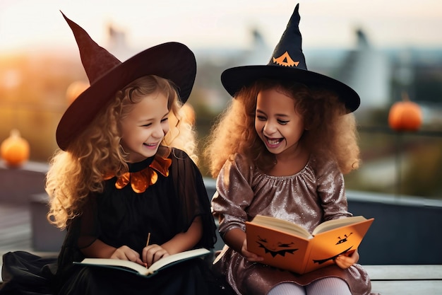 Two little girls dressed up as witches reading a book Joyful smiles of children on the eve of the holiday Festive costume Jack lantern