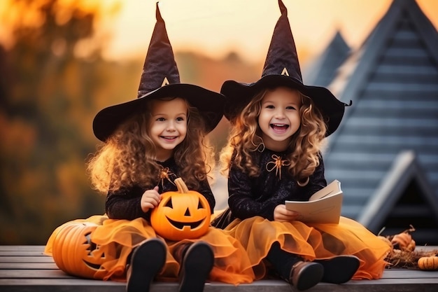 Two little girls dressed up as witches sitting on a bench Joyful smiles of children on the eve of the holiday Festive costume Jack lantern