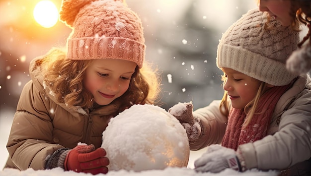 冬に雪玉作りを楽しむ 2 人の女の子