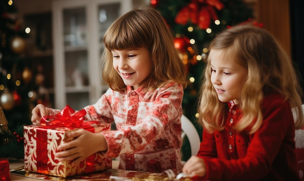 두 어린 소녀 가 기쁜 마음 으로 크리스마스 선물 을 테이블 에 열고 있다