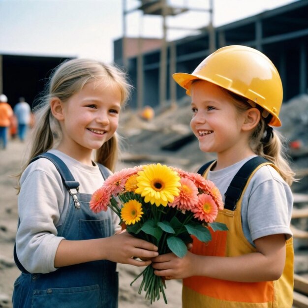 Photo two little girls giving each other flowers on labors day