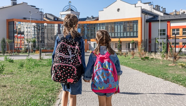 Two little girls go to school, holding hands, back view.